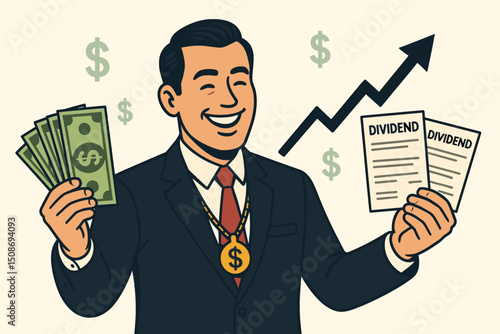 Happy businessman investor holding cash money dividend documents profit earnings. Financial success wealth growth investment concept. Stock market portfolio vector illustration cartoon
