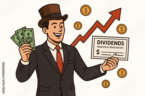 Wealthy businessman investor holding dividend money cash from profitable stock investments. Financial success growth arrow up chart. Rich gentleman vintage suit passive income earnings concept