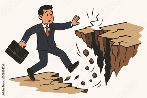 Business crisis metaphor. Businessman jumping across cracking cliff precipice gap. Financial risk danger challenge. Leadership courage overcoming obstacles economic downturn