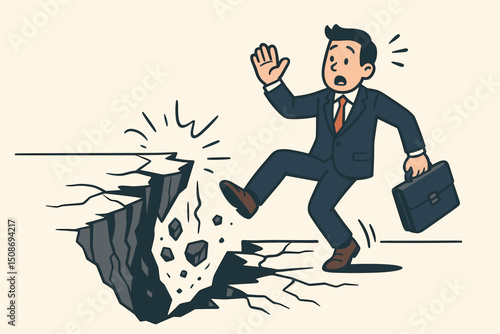 Business crisis danger metaphor. Businessman running escaping ground crack chasm cliff edge precipice. Corporate emergency disaster risk financial failure economic collapse concept.