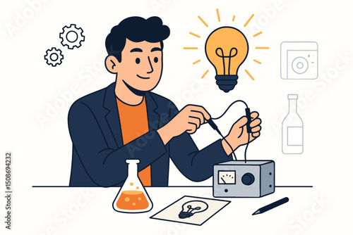 Creative entrepreneur businessman experimenting with technology innovation. Laboratory research development concept with lightbulb ideas. Startup science discovery invention testing equipment