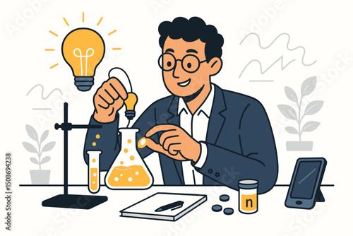 Creative scientist businessman conducting laboratory experiment research. Innovation lightbulb idea concept. Professional entrepreneur discovery breakthrough solution technology development chemistry