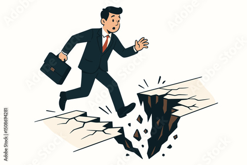 Business crisis metaphor businessman running escaping dangerous ground crack emergency. Professional person fleeing disaster risk hazard. Suit briefcase financial danger concept