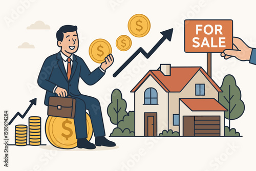 Real estate investment profit growth concept. Businessman investor sitting on gold dollar coin with house property for sale. Financial success earnings wealth building
