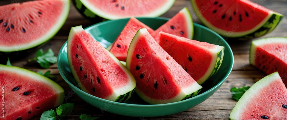 Slices Of Watermelon In Green Bowl Slices Of Watermelon In Green Bowl