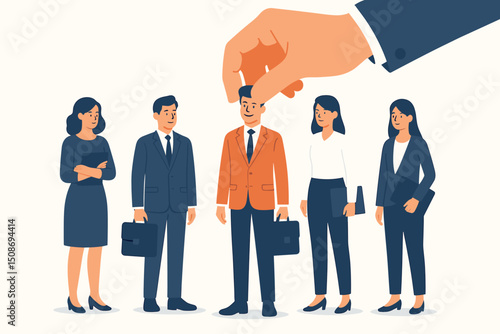 HR recruitment concept giant hand picking selecting best talent candidate from diverse group business professionals. Human resources hiring process employee selection metaphor