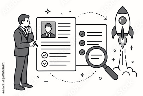 Resume crafting career development concept. Professional CV review job search recruitment process. Business hiring employment success launch. Magnifying glass analysis checklist