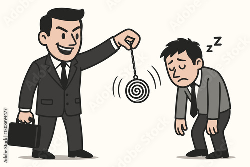 Hypnotic business control concept. Businessman using hypnosis pendulum spiral to manipulate colleague. Mind control psychology corporate influence power metaphor vector