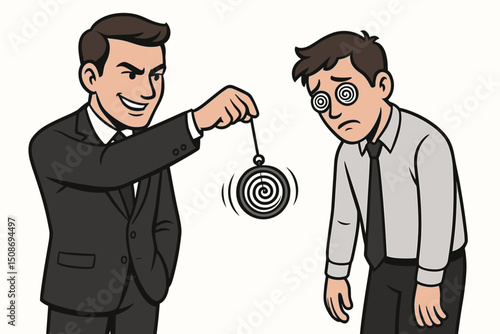 Hypnosis business mind control manipulation. Businessman hypnotist spiral pendulum watch mesmerizing colleague employee. Corporate psychology influence power persuasion concept