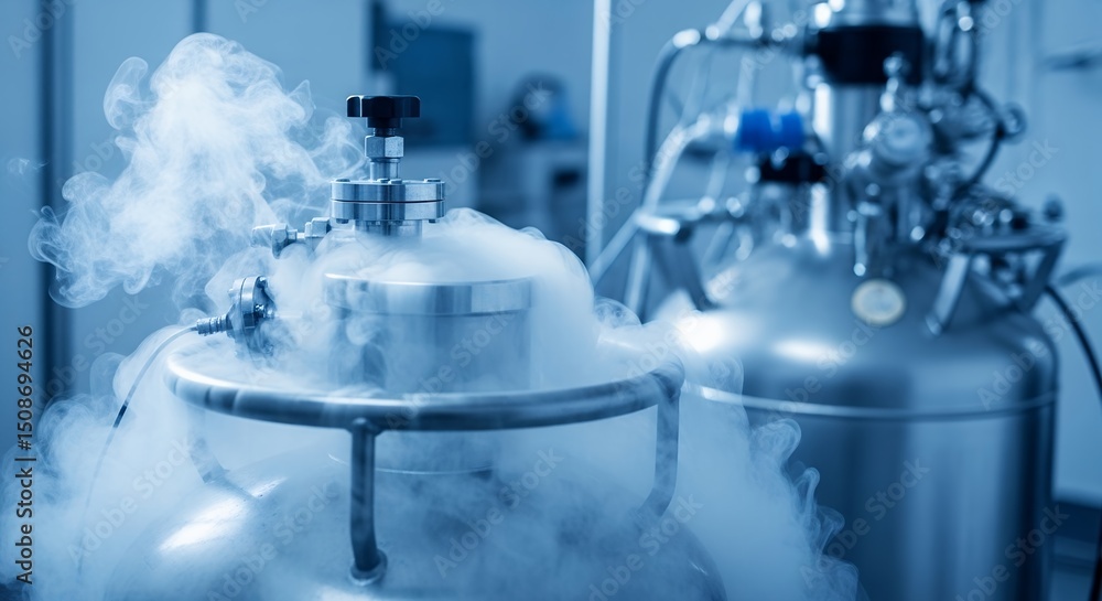 Cryogenic Tank: Liquid Nitrogen Vapor, Science Lab Equipment, Futuristic Technology Cryogenic Tank: Liquid Nitrogen Vapor, Science Lab Equipment, Futuristic Technology