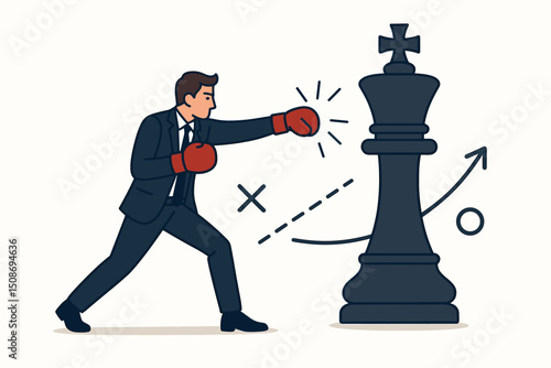 Business strategy combat metaphor concept. Businessman boxer wearing gloves fighting giant chess king piece. Strategic planning battle tactics. Corporate competition challenge victory mindset.