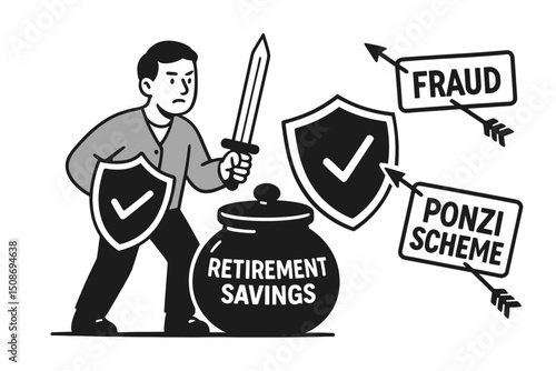 Financial protection security defender concept. Man with shield sword protecting retirement pension savings money from fraud ponzi scheme scam threats. Investment safeguard vector