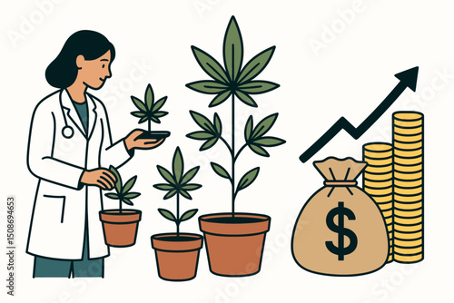 Medical cannabis cultivation business. Female doctor growing marijuana plants. Healthcare professional CBD hemp agriculture. Investment profit growth money pharmaceutical industry concept