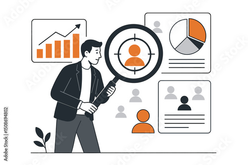 Customer data analytics research concept. Business analyst magnifying glass targeting audience demographics. Market trends analysis charts graphs statistics insights study