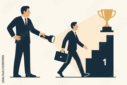 Business mentor coach guiding employee success achievement. Leadership guidance career advancement. Professional development steps climbing. Victory trophy goal corporate coaching motivation