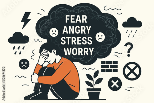 Anxiety depression mental health disorder concept. Overwhelmed stressed person worry fear emotional distress. Psychology mind prison negative thoughts brain storm metaphor