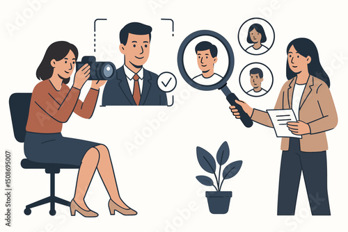 Job interview recruitment hiring process candidate selection. HR professional photography documentation. Talent acquisition magnifying glass search evaluation success approval checkmark