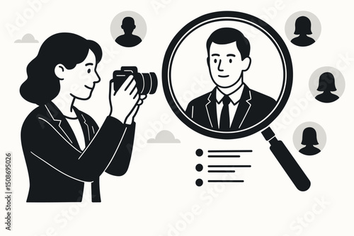 Recruitment talent search hiring headhunter concept. Business woman looking candidates employee selection HR. Human resources process magnifying glass job interview staff professional