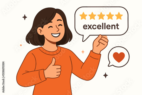Customer satisfaction feedback five star rating review testimonial. Happy client thumbs up excellent service quality evaluation survey concept. Positive user experience vector illustration