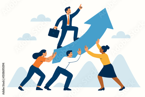 Business teamwork success concept. Leader businessman riding growth arrow supported by diverse team members. Corporate collaboration achievement strategy. Partnership unity progress direction