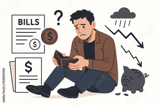 Financial crisis concept. Depressed man holding empty wallet broke bankruptcy debt stress. Economic decline money problems bills poverty. Personal finance struggle hardship recession