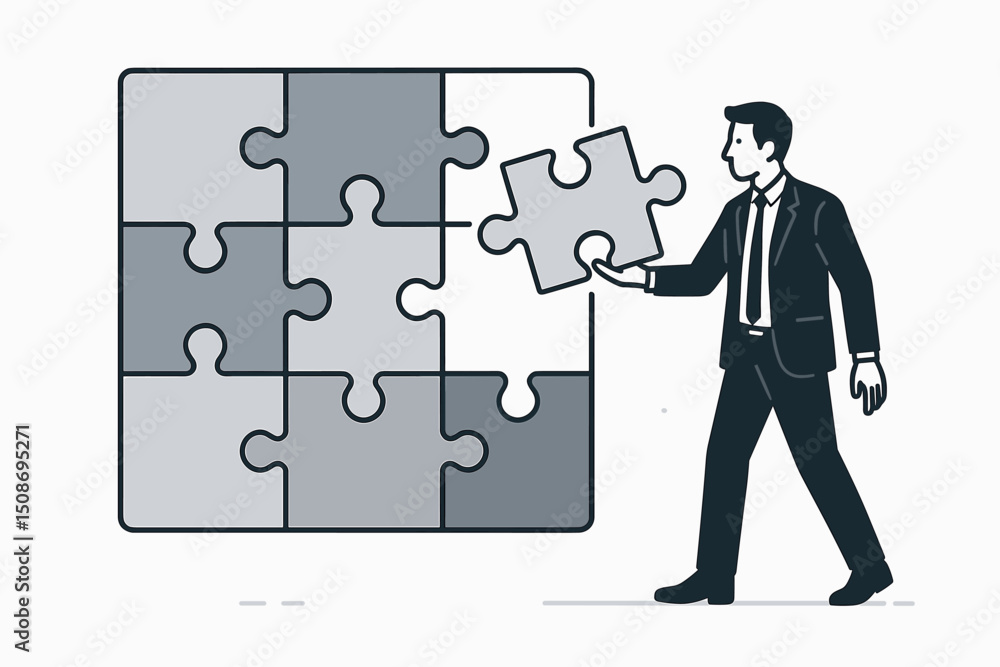 Business puzzle completion metaphor businessman placing final missing piece strategic problem solving concept corporate solution success achievement leadership management strategy Business puzzle completion metaphor businessman placing final missing piece strategic problem solving concept corporate solution success achievement leadership management strategy
