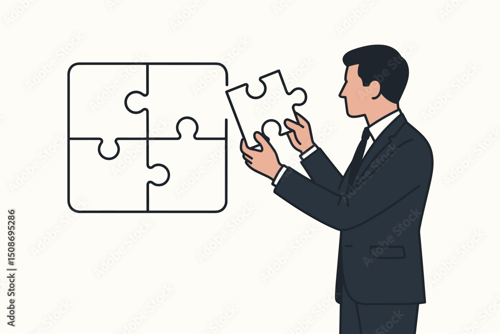 Strategic businessman completing jigsaw puzzle solution. Problem solving business metaphor. Final missing piece success concept. Corporate strategy achievement challenge completion Strategic businessman completing jigsaw puzzle solution. Problem solving business metaphor. Final missing piece success concept. Corporate strategy achievement challenge completion