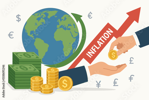 Global inflation concept economic growth rising arrow. World economy dollar coins cash money international currency exchange finance business revival worldwide financial market
