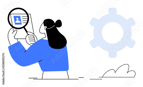 Woman holding a magnifying glass focused on a profile card with a user avatar. Large gear in background. Ideal for analysis, review, search, HR, recruitment, technology data. Flat simple metaphor