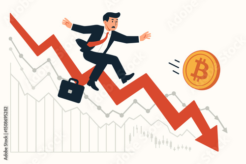 Businessman sliding down red declining arrow Bitcoin falling cryptocurrency market crash financial crisis investment loss economic downturn concept vector illustration