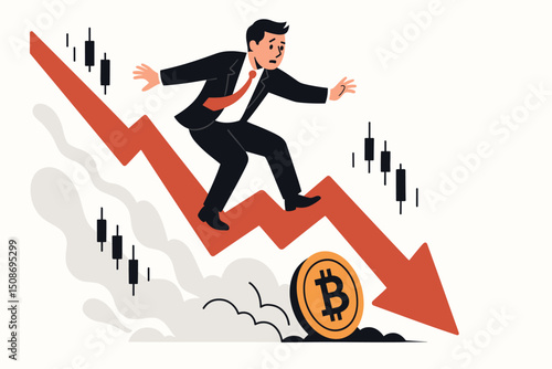 Cryptocurrency Bitcoin market crash crisis concept. Businessman falling down red decline arrow. Financial investment loss trading panic digital currency bear market vector illustration