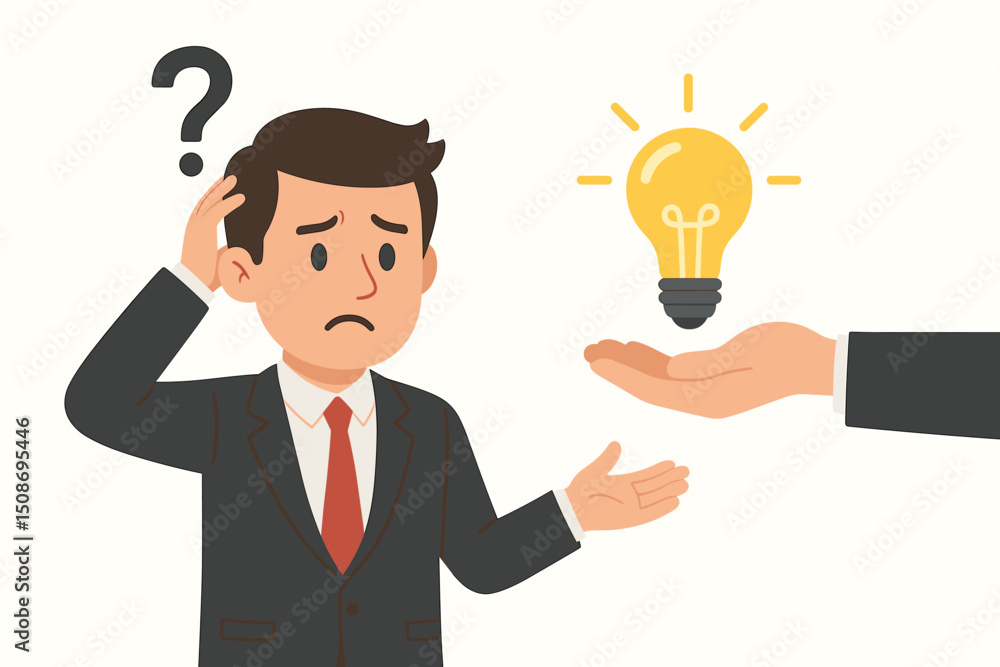 Businessman confused problem solving receiving bright idea solution lightbulb innovation. Creative thinking mentorship help professional business consultation insight corporate Businessman confused problem solving receiving bright idea solution lightbulb innovation. Creative thinking mentorship help professional business consultation insight corporate