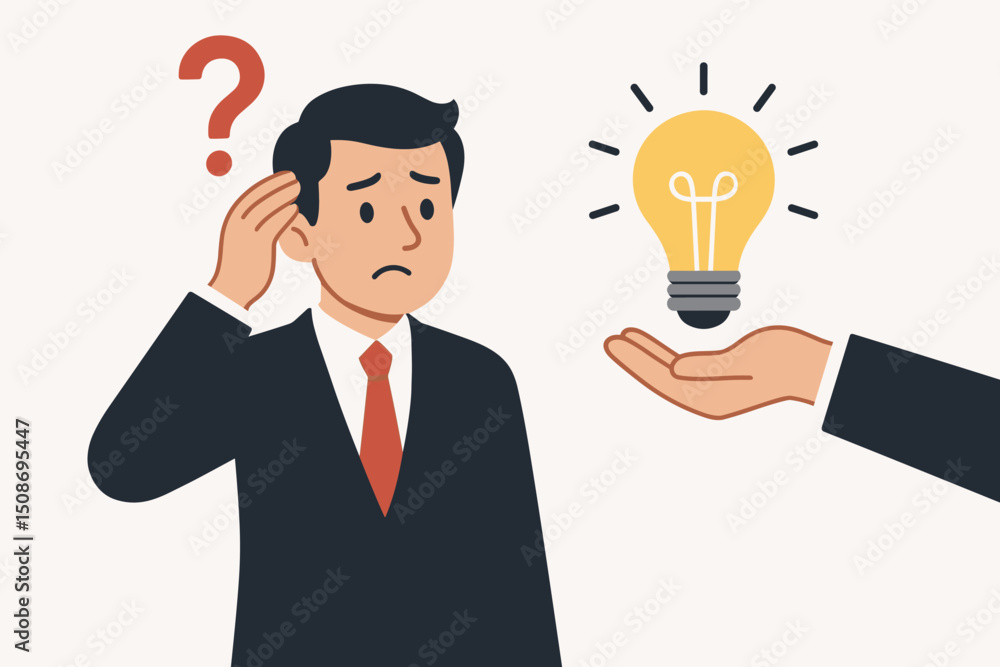 Businessman confused problem solving concept. Hand offering lightbulb idea solution help. Creative thinking innovation brainstorming consulting. Question mark to bright idea metaphor Businessman confused problem solving concept. Hand offering lightbulb idea solution help. Creative thinking innovation brainstorming consulting. Question mark to bright idea metaphor