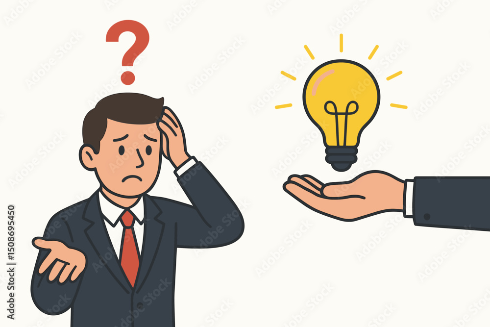 Businessman confused with question mark receiving creative solution lightbulb idea from helping hand. Problem solving innovation brainstorming business assistance concept vector Businessman confused with question mark receiving creative solution lightbulb idea from helping hand. Problem solving innovation brainstorming business assistance concept vector