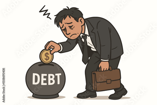 Stressed businessman putting dollar coin into debt piggy bank. Financial burden concept. Corporate employee anxiety. Economic pressure. Business financial struggles illustration.