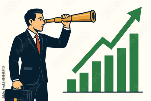 Business vision concept. Businessman with telescope forecasting investment growth. Financial success chart arrow upward trend. Strategic planning future outlook market analysis.