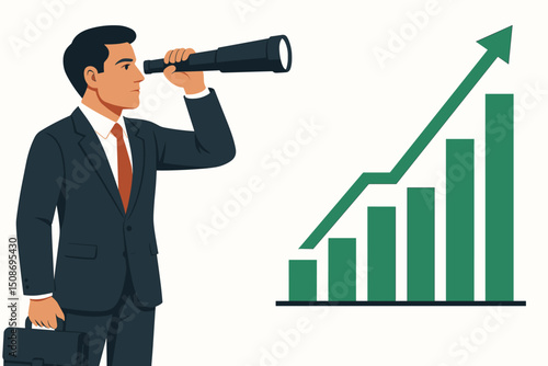 Business vision strategy forecast future. Businessman telescope spyglass looking growth chart success. Investment foresight planning analysis. Financial profit prediction market trends outlook