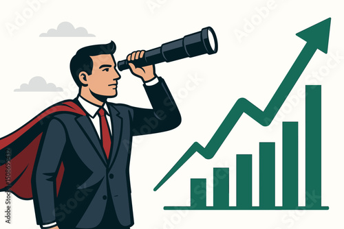 Business vision superhero leader businessman telescope looking growth chart upward arrow. Investment foresight strategy success prediction financial planning concept