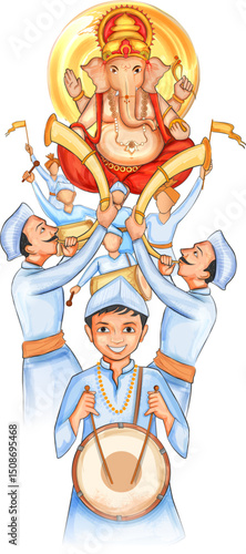 People playing dhol tasha in Lord Ganpati background for Ganesh Chaturthi festival of India