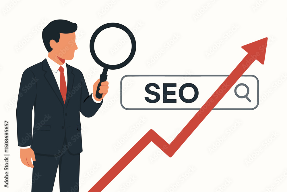 SEO search engine optimization businessman magnifying glass analysis growth arrow success digital marketing performance improvement web traffic ranking boost upward trend concept SEO search engine optimization businessman magnifying glass analysis growth arrow success digital marketing performance improvement web traffic ranking boost upward trend concept
