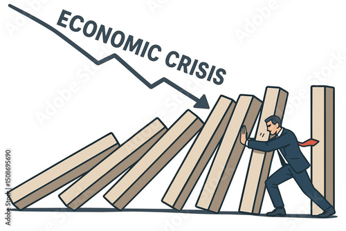 Economic crisis domino effect businessman stopping financial collapse chain reaction. Crisis management leadership resilience concept. Business metaphor prevention illustration