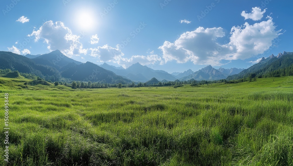 A beautiful green grassland with rolling hills and mountains in the background, creating an enchanting natural landscape. A beautiful green grassland with rolling hills and mountains in the background, creating an enchanting natural landscape.