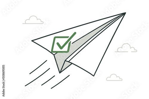 Paper airplane green checkmark success achievement business metaphor concept. Goal accomplished mission complete flight soaring. Startup launch progress growth vector illustration