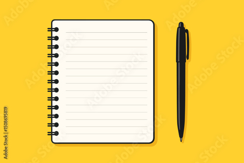 Spiral bound notebook with lined pages and black pen vector illustration. Office stationery supplies note taking writing journal blank paper education business concept study work