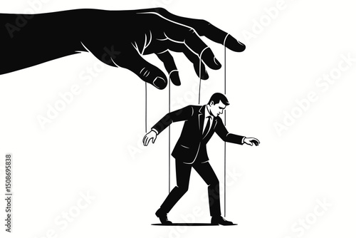 Businessman puppet controlled by master hand strings. Corporate manipulation metaphor. Marionette employee control. Power authority domination management concept silhouette