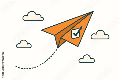 Paper airplane flying clouds checkmark success concept achievement. Business goal progress journey flight path direction target mission completion victory metaphor startup innovation
