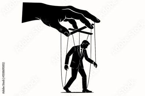 Puppet master business control manipulation concept. Hand controlling businessman marionette strings. Corporate power authority metaphor dominance influence. Management hierarchy leadership workplace