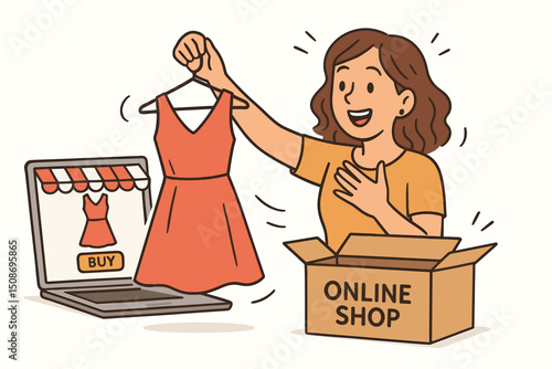Happy woman unboxing online dress delivery. E-commerce fashion purchase concept. Excited customer receiving internet shopping order. Digital retail vector illustration