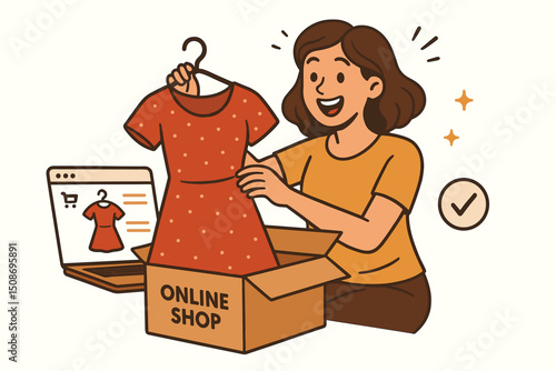 Happy woman unpacking online clothing order delivery package. Joyful customer receiving fashion dress purchase. E-commerce shopping experience unboxing concept vector illustration