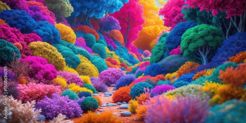 Abstract Natural Colorful Background with vibrant, multi-colored foliage and lush trees in a scenic landscape.